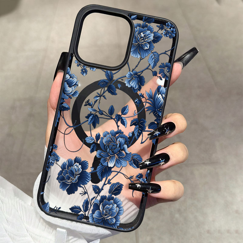 Phone Cases Luxury - Luxuriöse Vintage Blaue Blumenmuster Magnetische Handyhülle