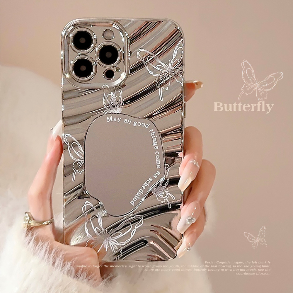 Luxury Plating Case - Luxuriöse Silberne Wellenförmige Plattierte Make-up-Spiegel-Handyhülle für