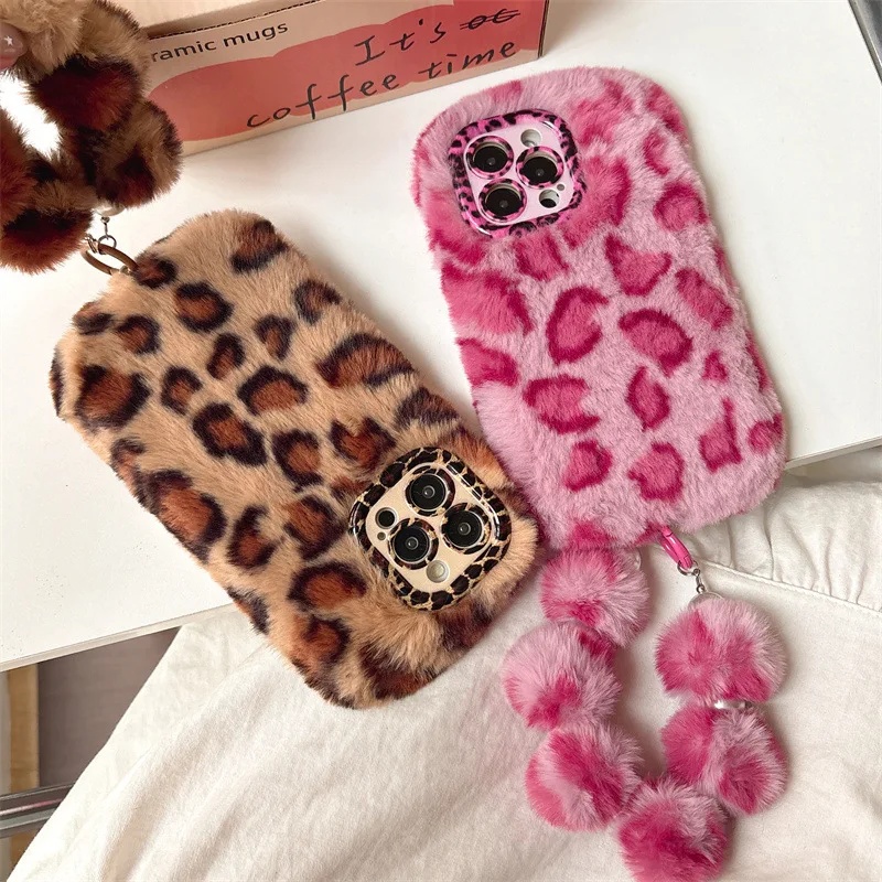 Phone Cases Iphone 15 - Modische Leoparden-Plüsch-Handyhülle mit Objektivhalterung für iPhone