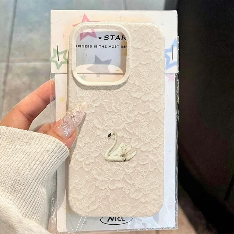 Phone Cases Iphone 15 - Spitzenmuster Schwan Lychee Textur Handyhülle für