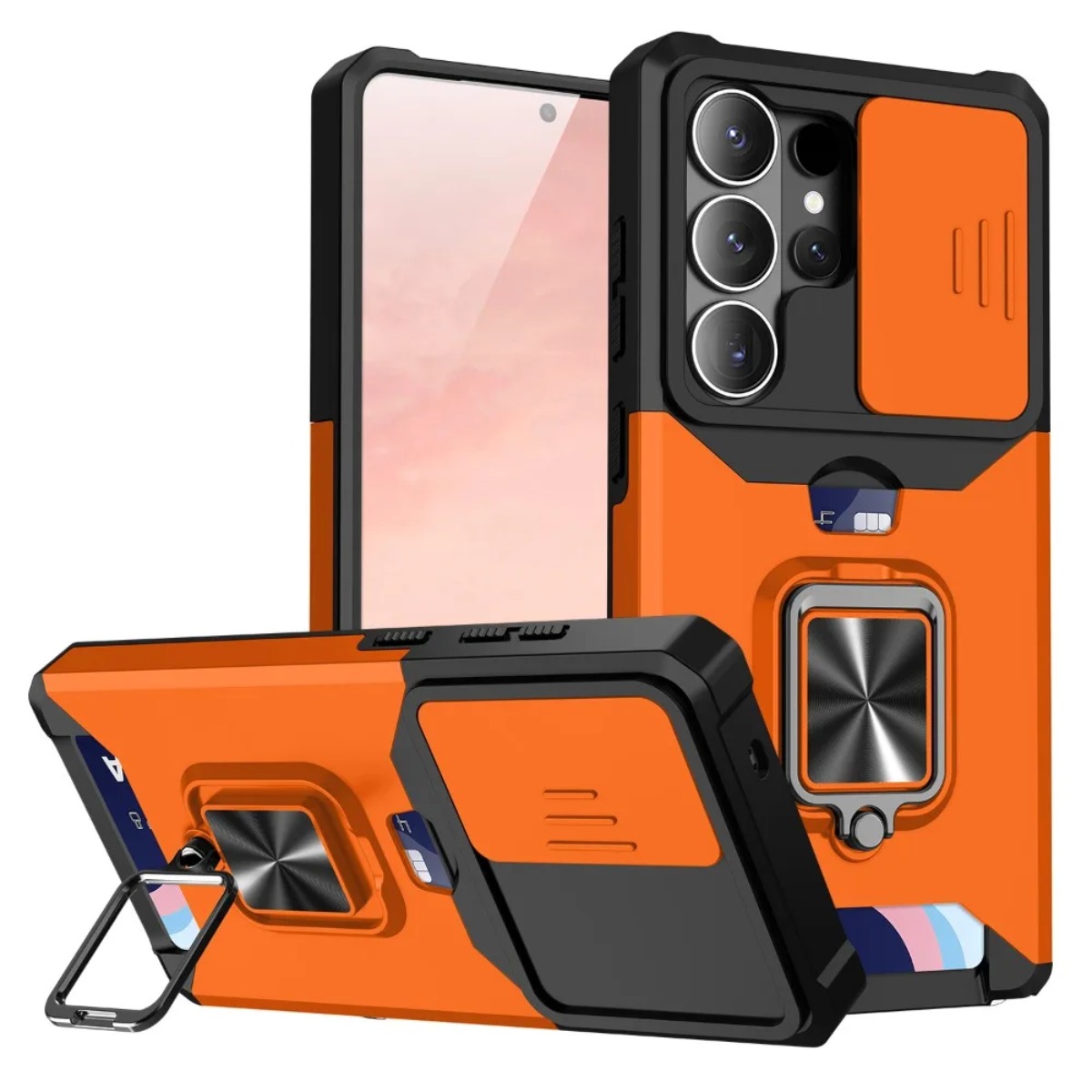 Phone Cases That Hold Cards - Kartenfach-Ringhalter-Handyhülle mit Schiebe-Kameraabdeckung für Samsung Galaxy